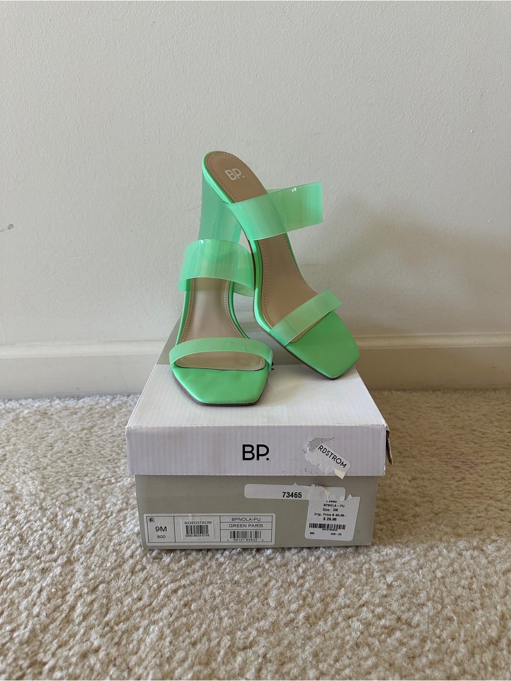 NWT BP Nola Neon Green Clear-Strap Block Heel Sandals